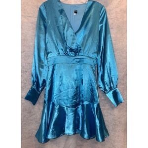 MISS Blue Satin Long Sleeve Wrap Style Ruffle Hem Dress Size S